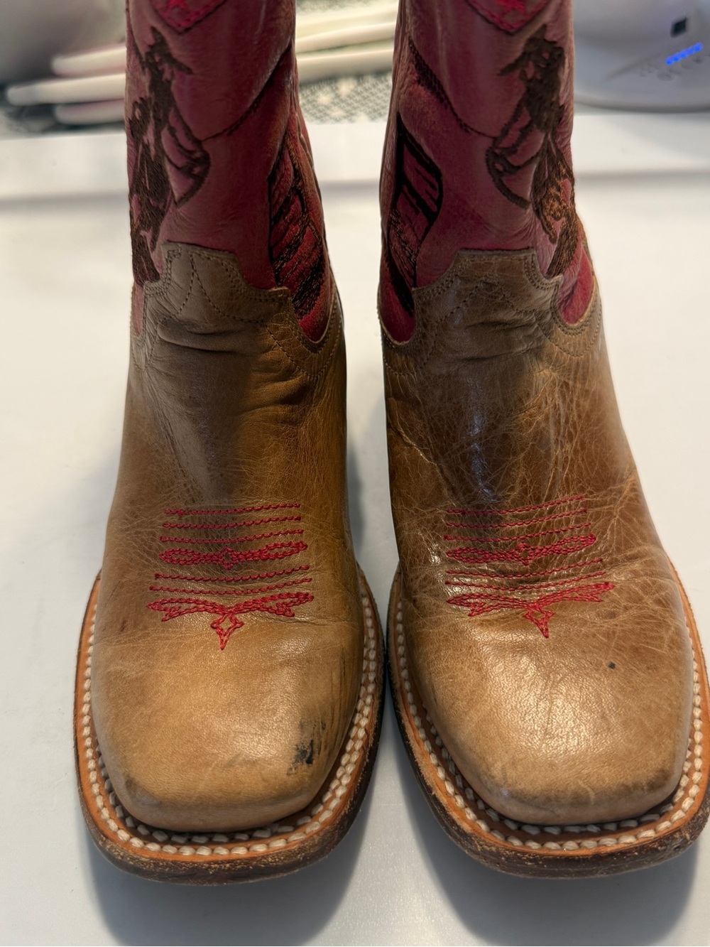 Roper Youth Rodeo Barrel Racer Tan and Pink Leather Cowboy Boots Girls Size 6 - Picture 3 of 12